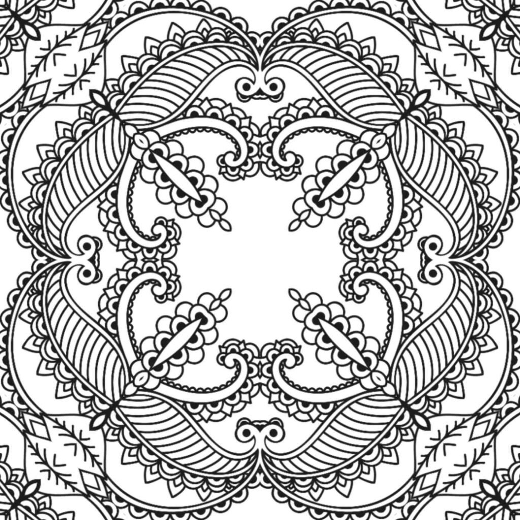 Free downloadable mandala coloring page with intricate layered patterns, delicate flourishes, and bold leaf motifs for deep relaxation and creative expression