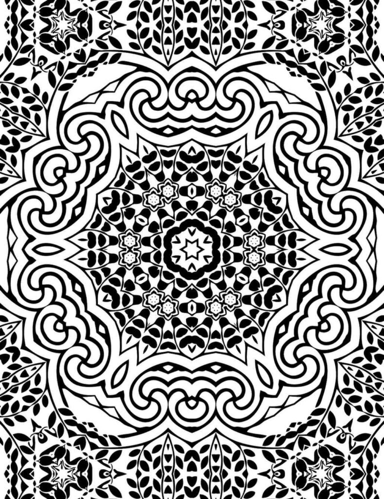 Intricate black and white layered mandala coloring page with a detailed central star, concentric patterns, graceful curves, and botanical leaf elements, ideal for mindful art.