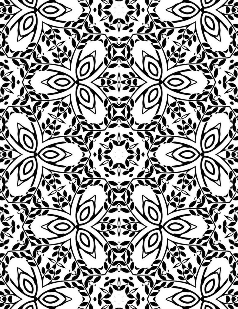 Intricate black and white repeating leaf and vine pattern mandala for botanical coloring
