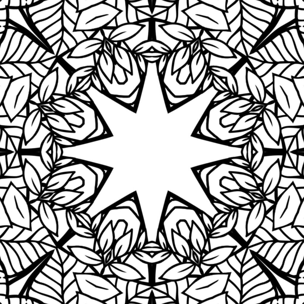 "Intricate black and white mandala coloring page featuring a central starburst shape surrounded by detailed leaf and vine patterns, ideal for relaxation and mindful coloring."