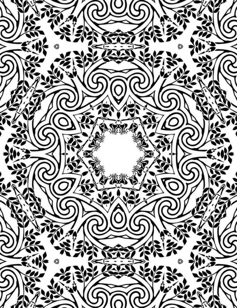 Symmetrical mandala design featuring elaborate swirling patterns and abundant leafy motifs, ideal for calming adult coloring.