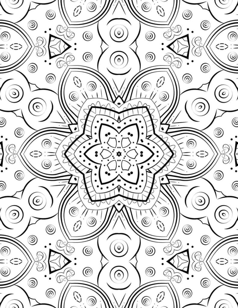 Detailed lotus-inspired floral mandala with dots and swirling patterns for mindful coloring