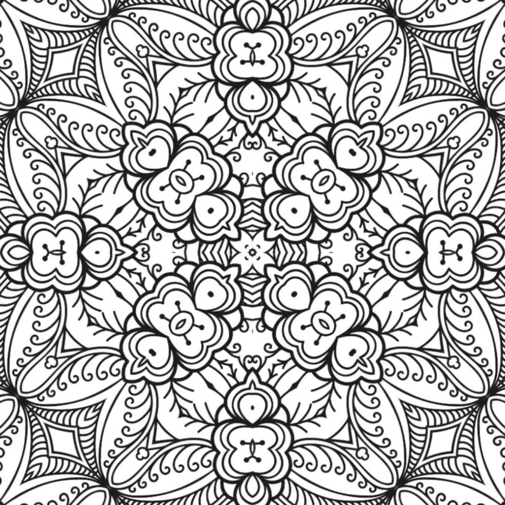 Highly detailed floral and paisley mandala coloring page, complex patterns for advanced colorists, mindfulness art