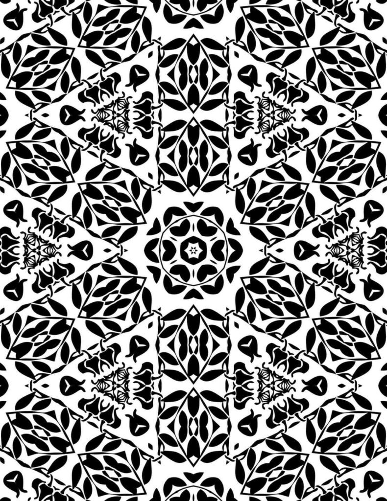 Complex black and white geometric mandala with repeating leaf and abstract patterns, ideal for coloring and relaxation.