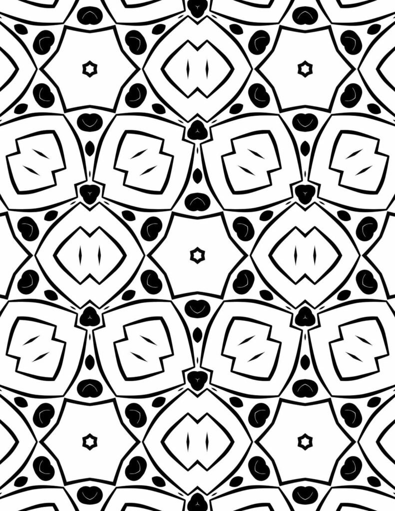 Bold repeating geometric mandala pattern with stylized star motifs, curved lines, and abstract shapes, ideal for modern design and digital backgrounds.