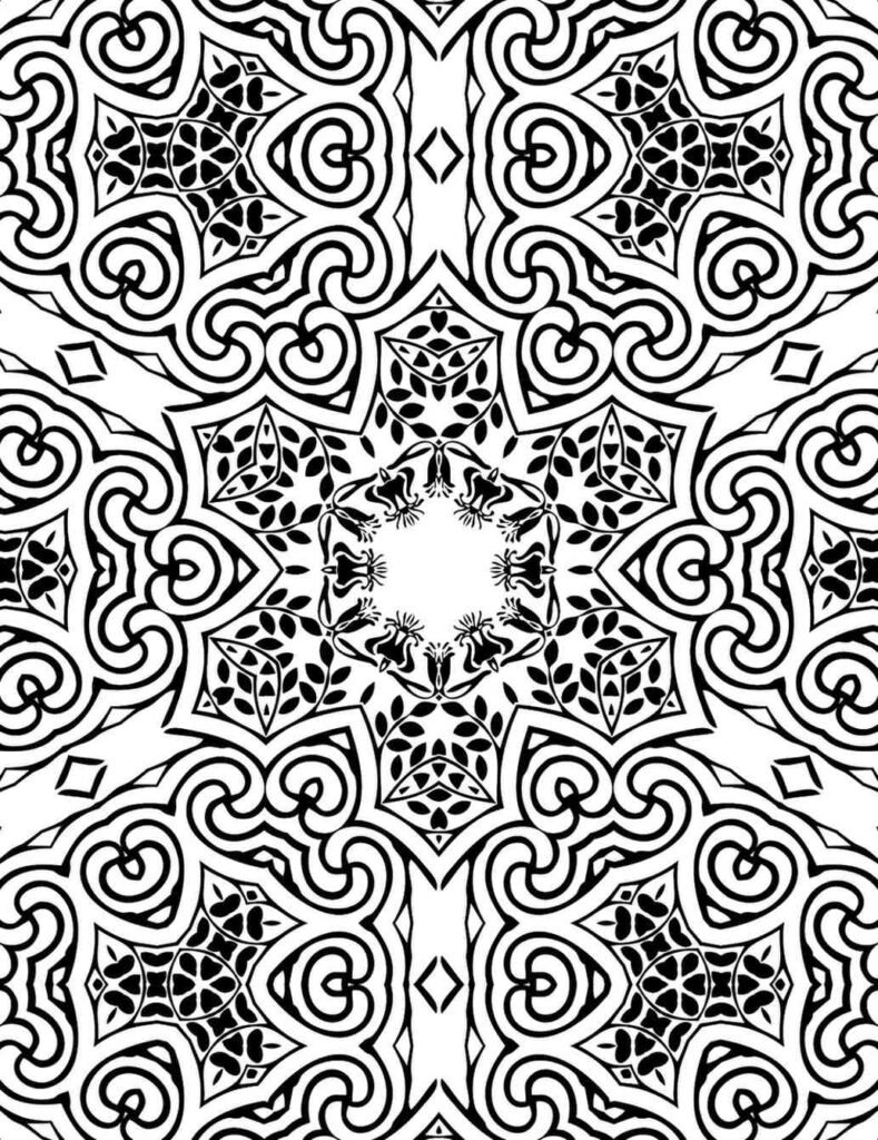 Free printable mandala coloring page featuring a central floral star surrounded by elegant black and white Moroccan-inspired swirls, intricate botanical leaves, and geometric accents, ideal for stress relief and creative expression.