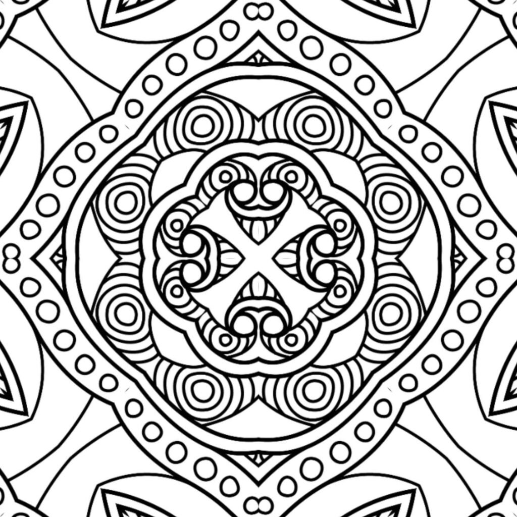 Symmetrical mosaic bloom mandala coloring page, free printable for relaxation, mindfulness, and artistic detail.