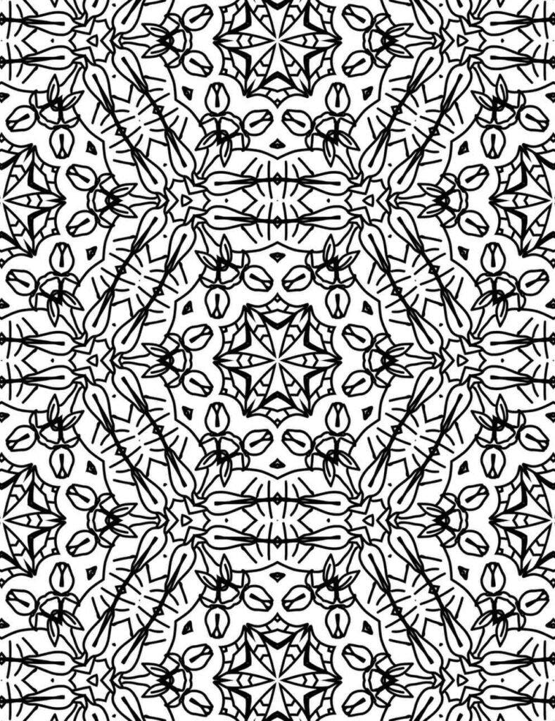 Intricate symmetrical mandala coloring page for adults, abstract floral and geometric pattern for stress relief.