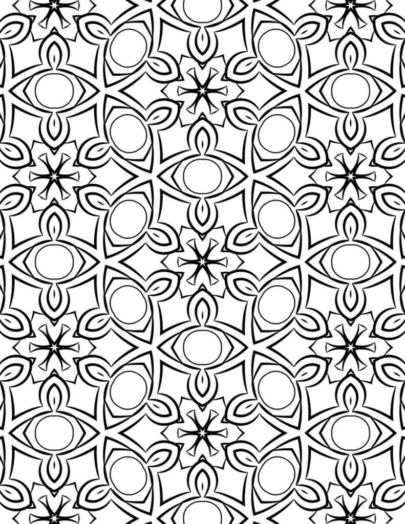 Ornate repeating floral and eye-shaped geometric mandala for meditative coloring