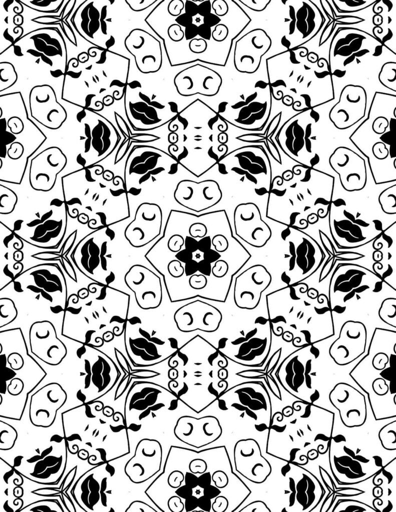 Intricate black and white mandala featuring stylized floral shapes, swirling patterns, and crescent motifs, ideal for meditative coloring.