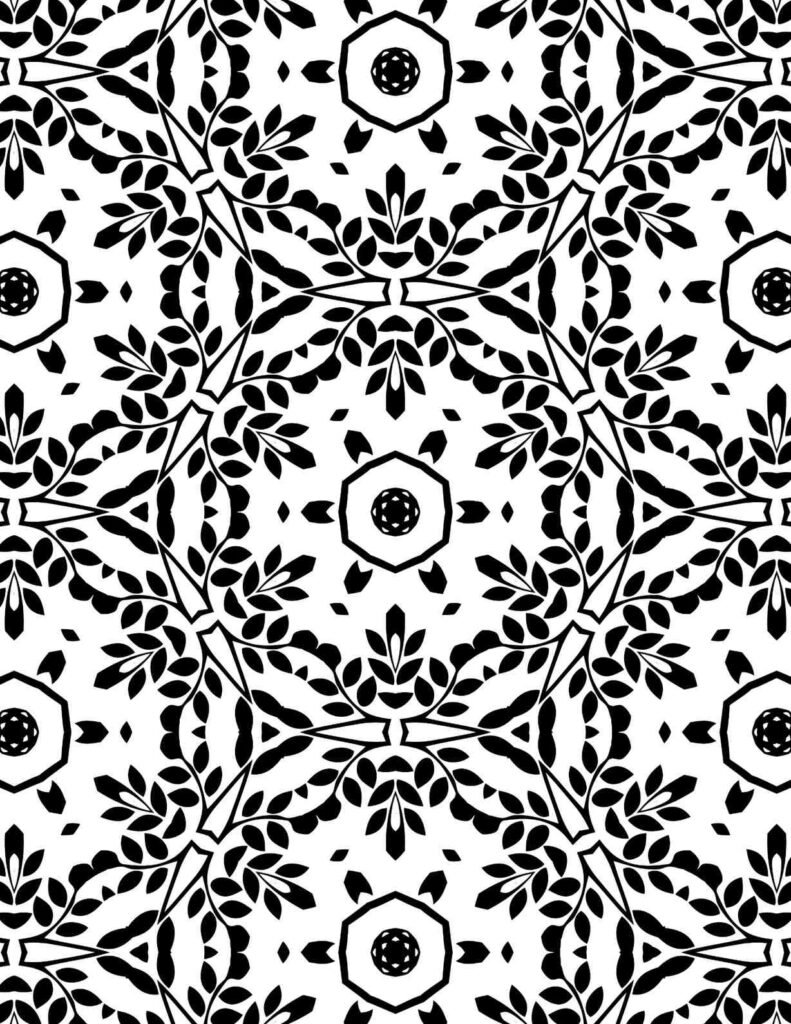 Detailed black and white mandala with intricate leaf and branch patterns, perfect for mindful coloring and stress relief.