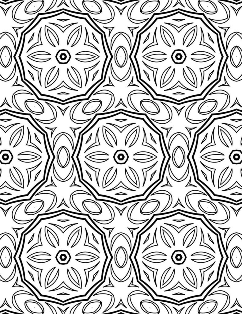 Seamless mandala coloring page featuring octagonal medallions with lotus petals, flowing ribbon borders, and central dot focal points for meditation and adult coloring therapy