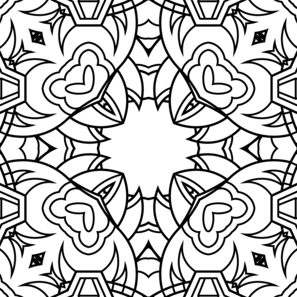 Modern square mandala coloring page featuring a central open space, radiating patterns, and distinct heart-like motifs in each quadrant.