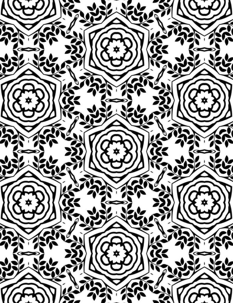 Detailed black and white mandala with symmetrical floral and geometric patterns for coloring and relaxation