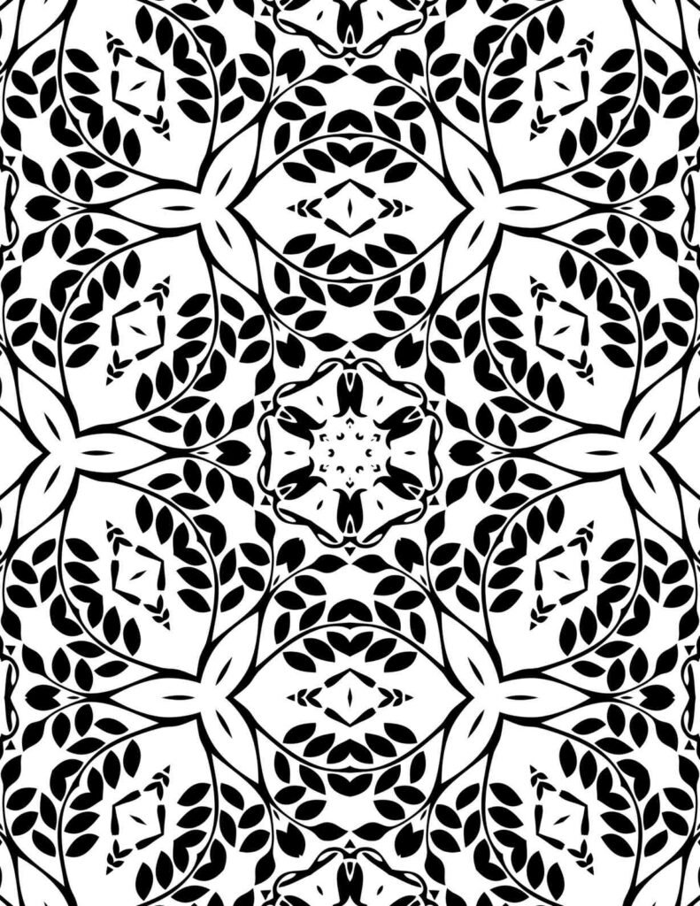 Symmetrical mandala design featuring interconnected leaf patterns and subtle geometric accents for mindful coloring