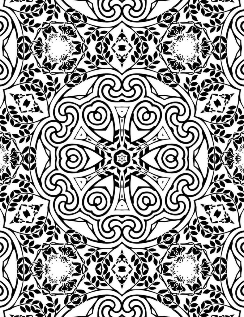 Free printable organic swirl mandala featuring flowing lines and intricate leaf patterns, perfect for nature-inspired coloring and relaxation.