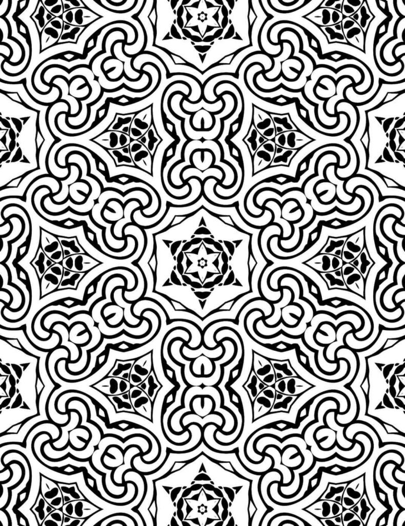 Ornamental black and white mandala with symmetrical looping patterns, star motifs, and intricate details, perfect for mindful coloring and creative projects.