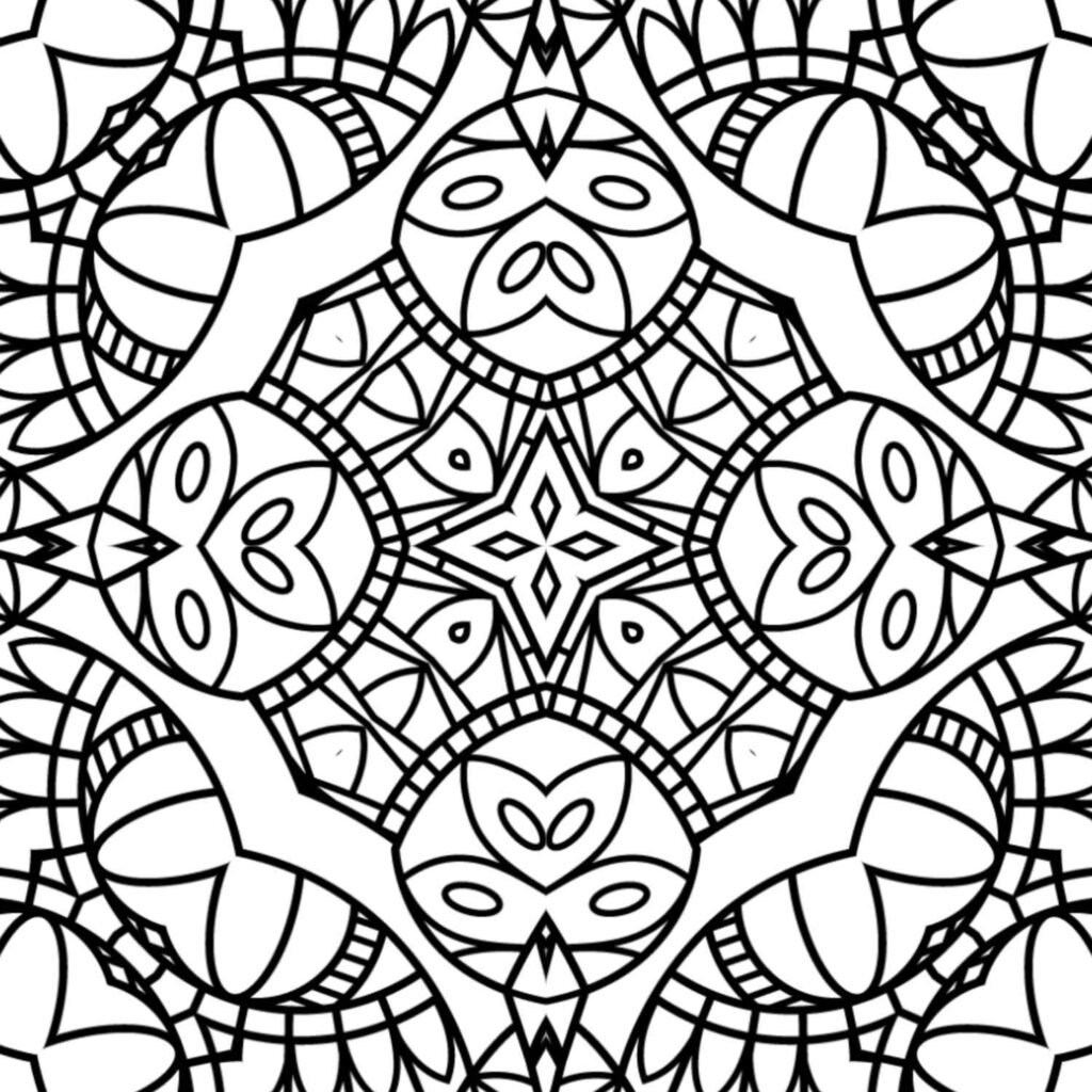 Highly detailed and intricate square mandala coloring page with a central star, radiating eye-like motifs, and elaborate patterns.