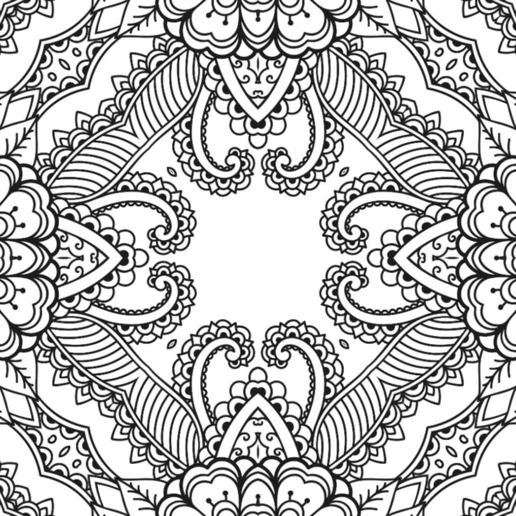 Free printable mandala coloring page with ornate floral swirls, intricate paisley motifs, and detailed lace-like patterns for mindful art and stress relief