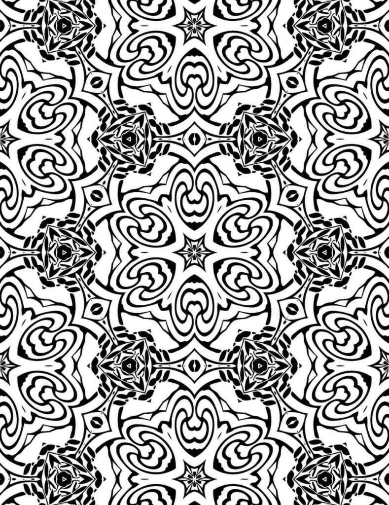 Ornate mandala design with elaborate scrolling patterns, stylized floral motifs, and intricate symmetrical arrangements, ideal for adult coloring and relaxation.