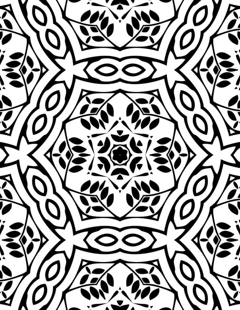 Symmetrical black and white mandala with a central starburst, geometric arches, and intricate leaf patterns for coloring