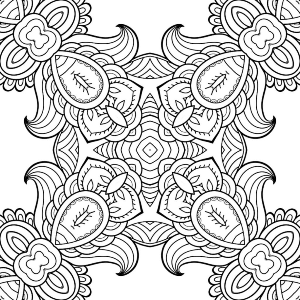 Highly detailed square mandala design with elaborate paisley motifs, flowing lines, and floral elements, perfect for adult coloring and intricate art projects.