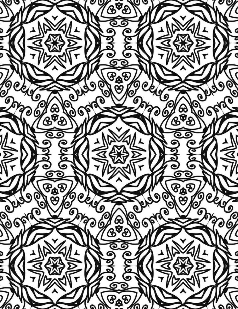Intricate black and white ornate mandala with swirling patterns and central stars, perfect for relaxing adult coloring and meditation.