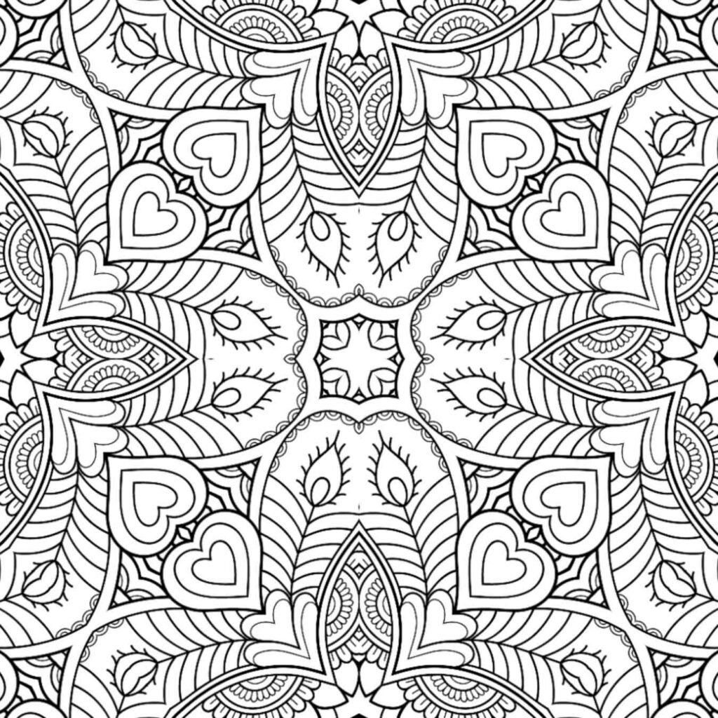 Intricate paisley petal mandala coloring page with heart shapes and organic designs, free printable for detailed relaxation and creative expression.