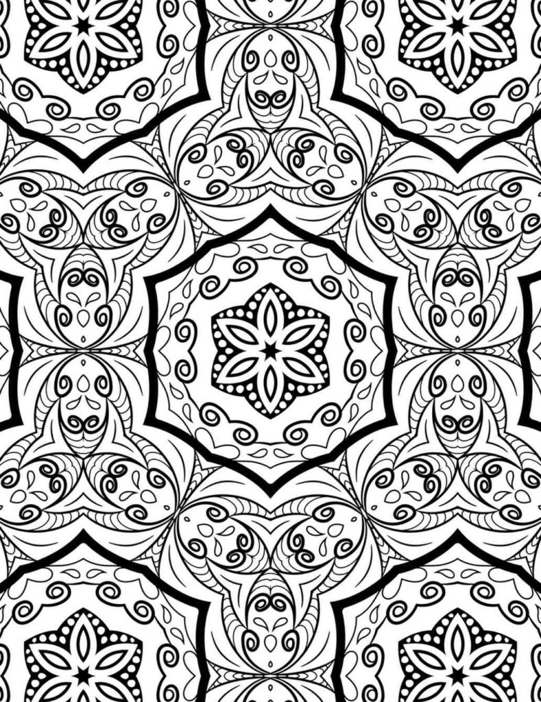 Ornate Persian-inspired mandala coloring page, intricate floral and swirl pattern, detailed adult art for relaxation