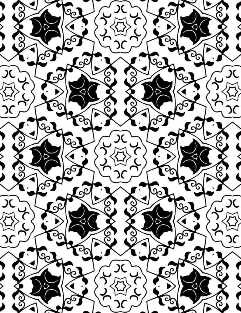 Black and white mandala with intricate Persian-inspired patterns, stylized florals, and swirling motifs, ideal for detailed coloring.
