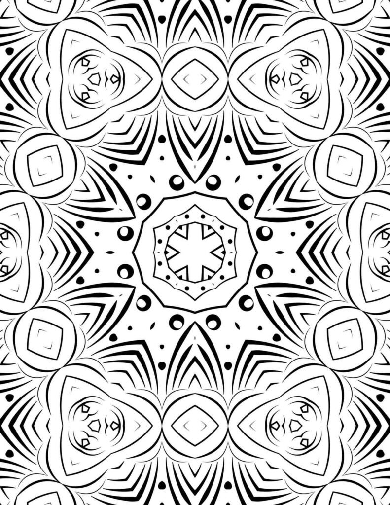 Detailed geometric mandala coloring page with repeating petal and eye-like patterns for stress relief.