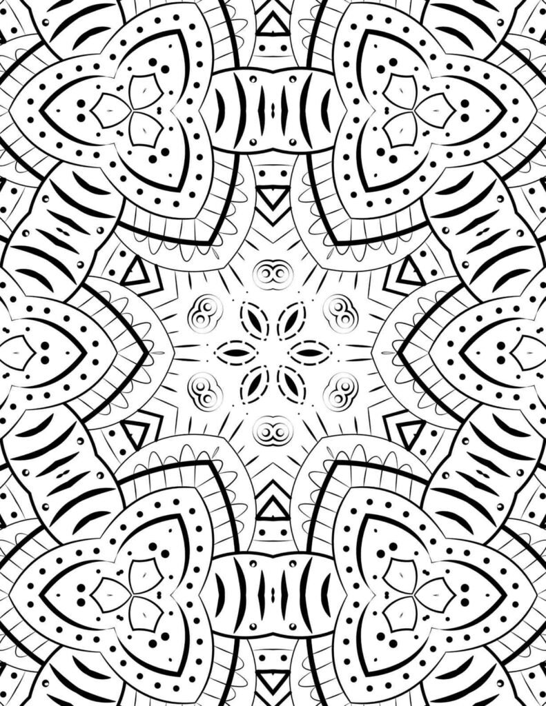 Detailed petal bloom mandala coloring page with repeating patterns, fine dots, and bold curved lines, perfect for meditative coloring.