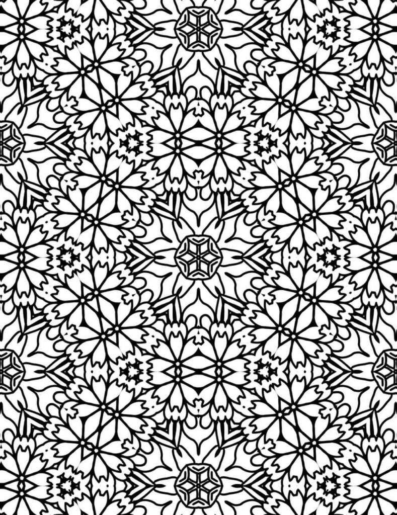 Intricate floral mandala coloring page for adults, symmetrical blooming flower pattern for stress relief and creativity.