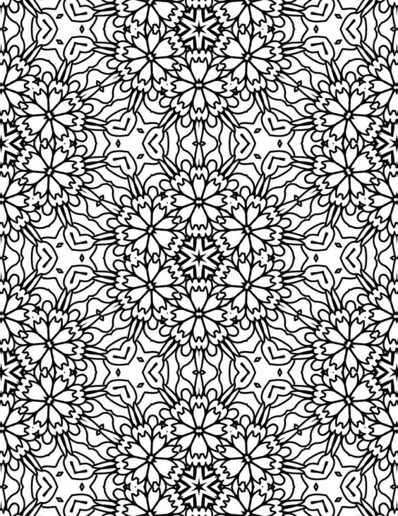 Delicate black and white floral mandala coloring page with repeating petal-like patterns and organic flowing lines, perfect for relaxation and artistic expression.