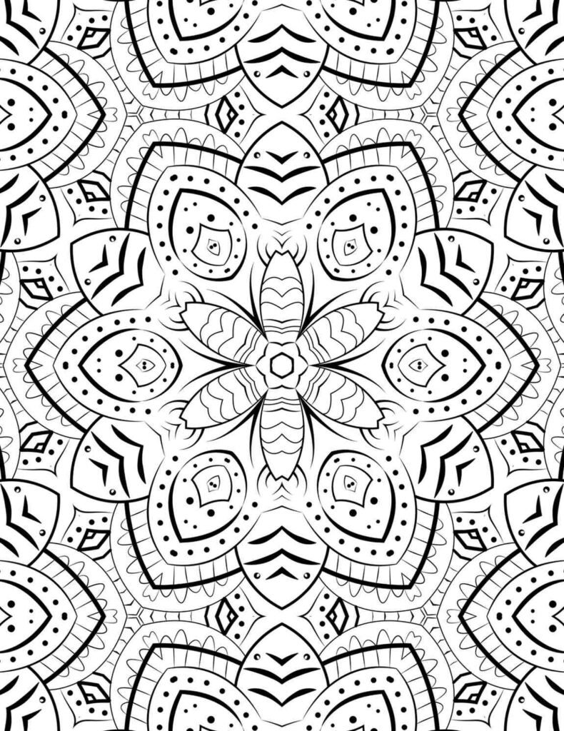 Beautiful symmetrical mandala coloring page featuring a central six-petal flower, intricate dotted details, and radiating patterns, perfect for mindful coloring and stress reduction.