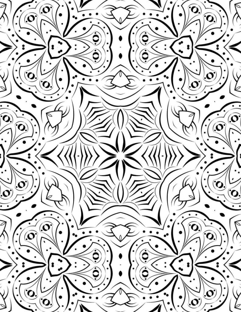 Organic mandala design with symmetrical petals and dotted patterns for creative expression and stress relief.