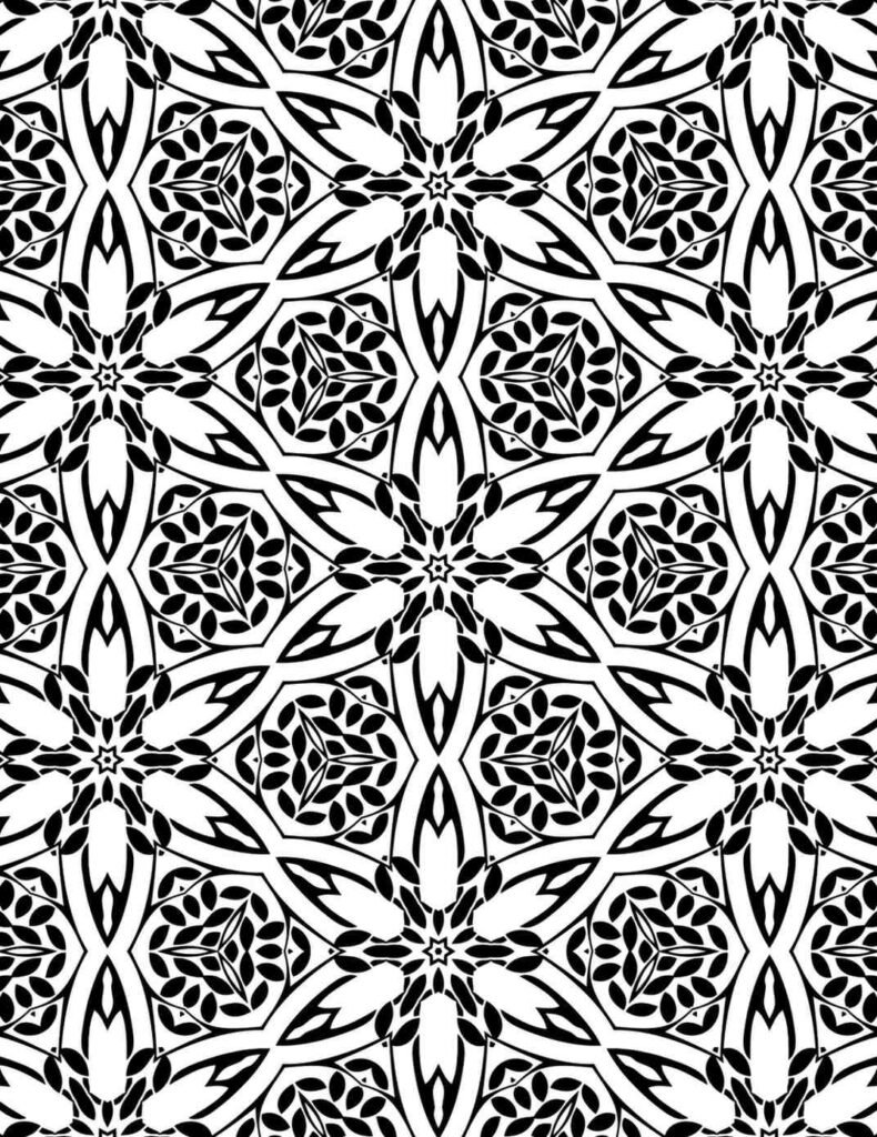 Detailed black and white mandala with floral and leaf patterns for coloring and relaxation
