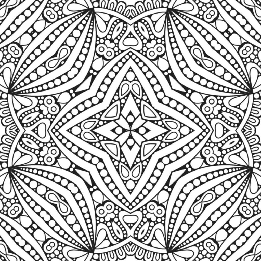 Detailed radial balance mandala coloring page, intricate geometric pattern for stress relief and focus