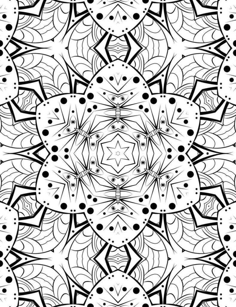 Intricate symmetrical mandala coloring page with a central star, six radiating petals adorned with dots, and delicate web-like patterns, perfect for advanced adult coloring and focus.