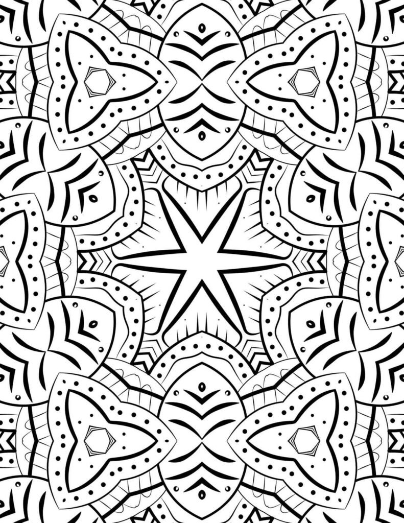 Intricate black and white mandala with a central six-pointed star, radiating patterns, and detailed dot work, ideal for stress-relief coloring.