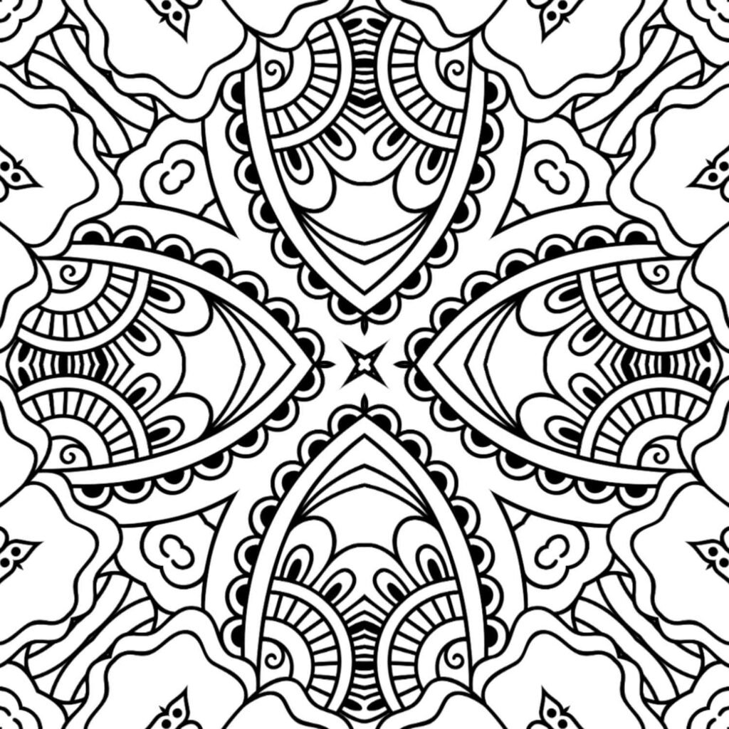 Bold symmetrical mandala featuring heart-like motifs and swirling patterns, perfect for expressive coloring and uplifting creativity.
