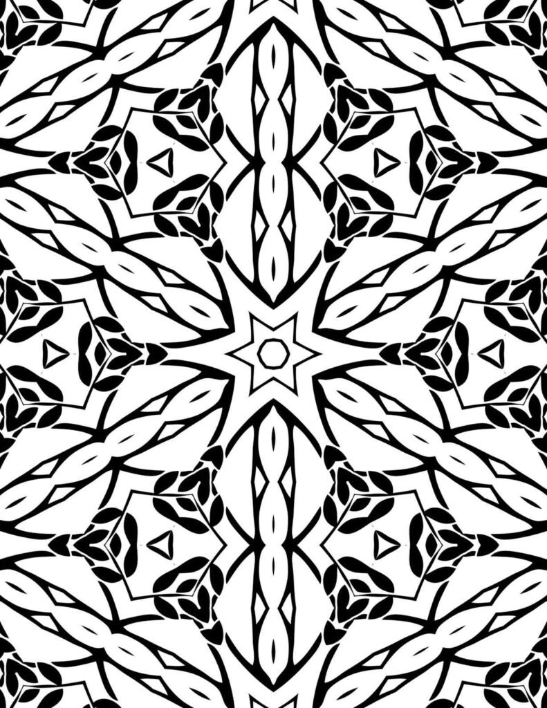Bold black and white geometric mandala with a central star, radiating spires, and delicate leaf clusters, perfect for mindful coloring and focus.