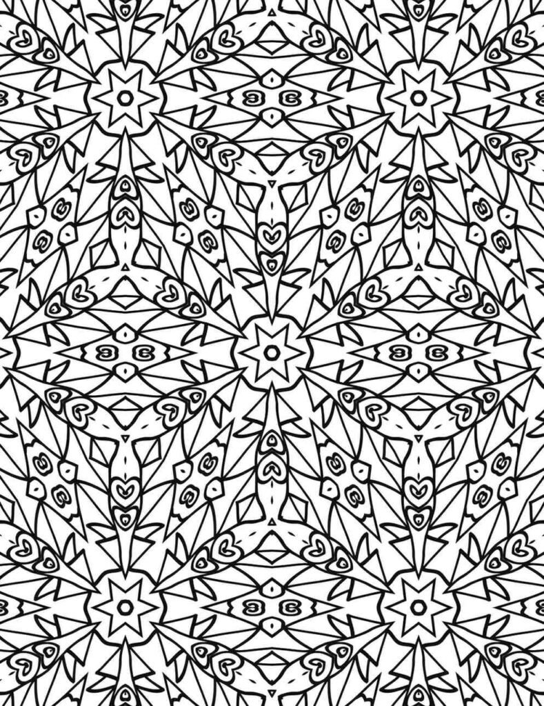 Intricate starburst mandala coloring page with hearts and geometric patterns, black and white design for stress relief