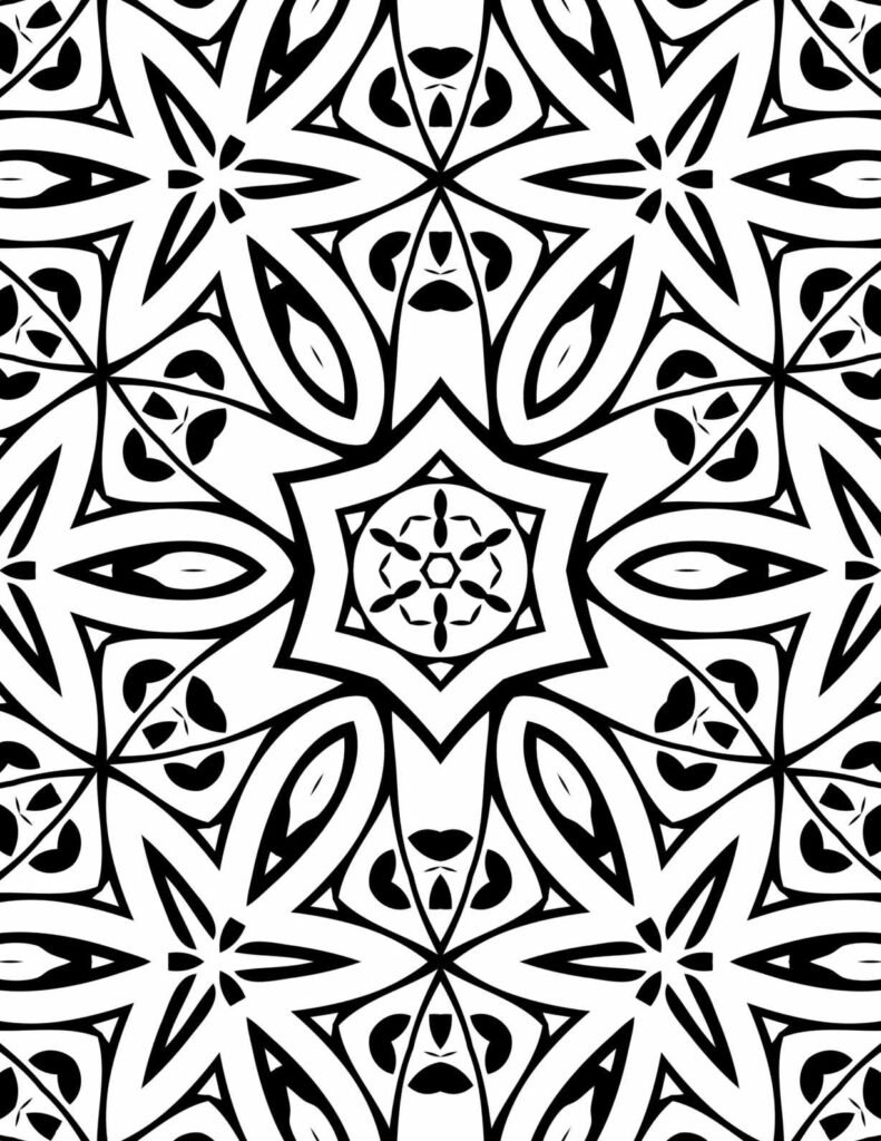 Dynamic black and white mandala with radiating star and petal motifs for vibrant coloring