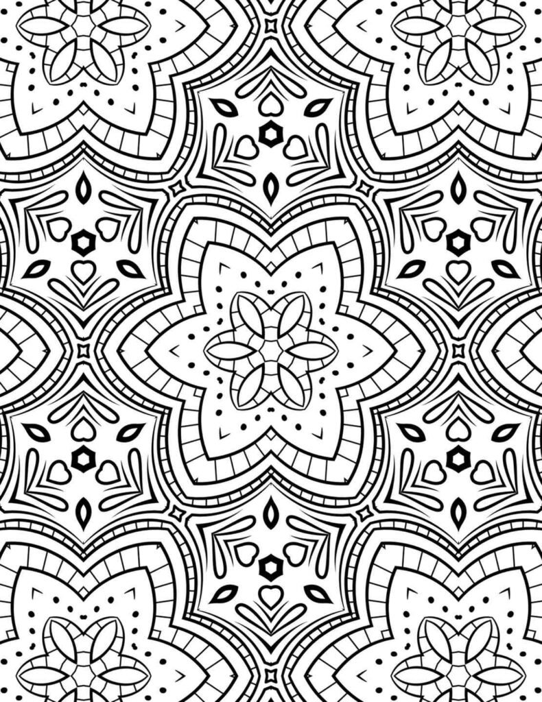 Ornate floral mandala coloring design for adults, fostering peace and creative expression.