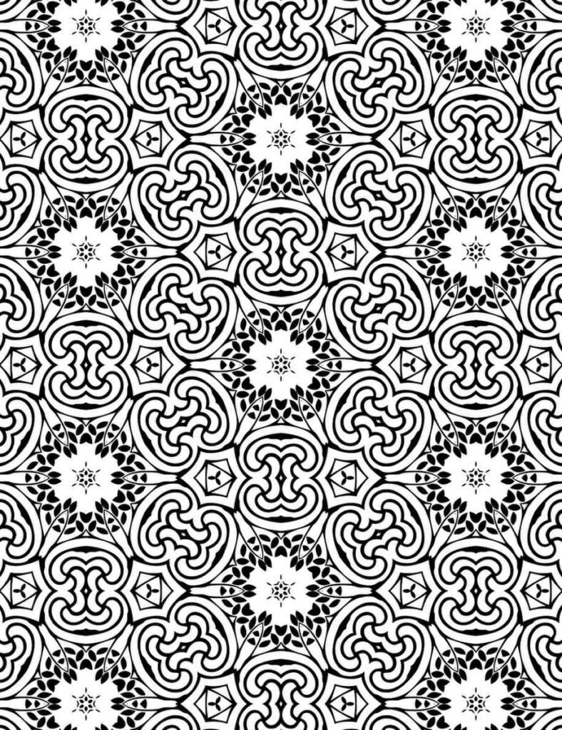 Complex repeating mandala pattern with interlocking swirls and floral starbursts, perfect for calming adult coloring and craft projects.
