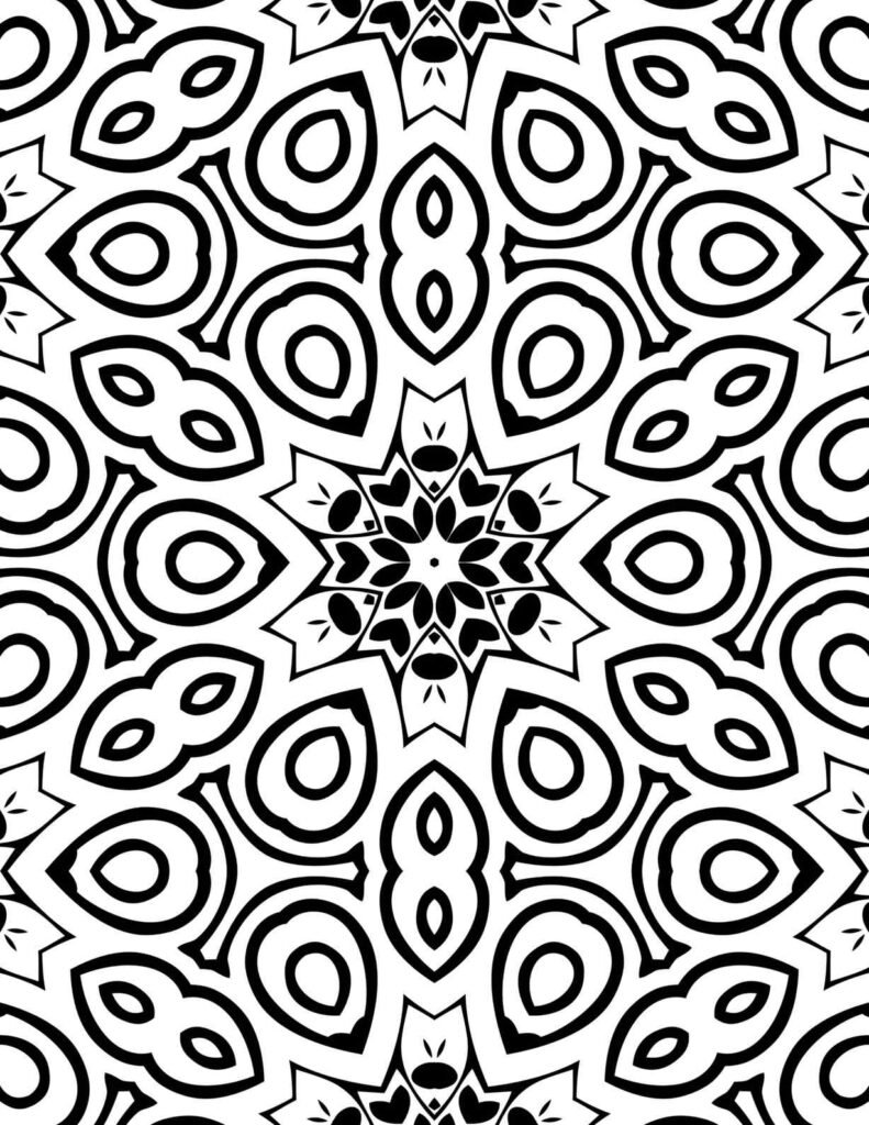 Intricate black and white mandala with concentric rings, bold geometric shapes, and a central floral motif, ideal for stress relief coloring.