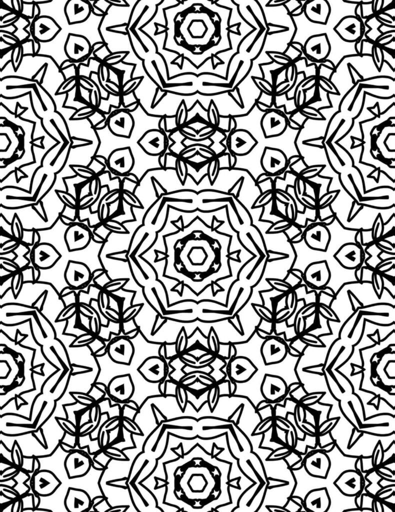 Highly intricate black and white mandala coloring page with repeating geometric floral patterns and a central six-sided star, perfect for detailed mindful coloring.
