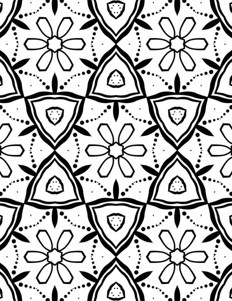 Symmetrical black and white mandala with repeating shield-like triangles, delicate dotted arcs, and six-petal flower motifs for mindful coloring.