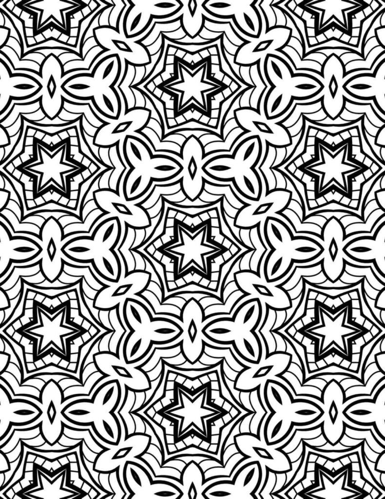 Intricate black and white mandala with repeating six-pointed star motifs and stylized quatrefoil patterns, ideal for mindful coloring.